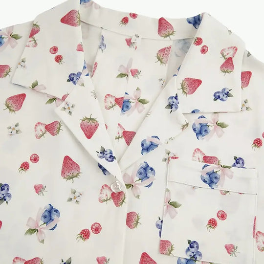 Private Label Cozy Sweet Fruit Print Long Sleeve Shirt & Trousers Pyjama Set Wholesale