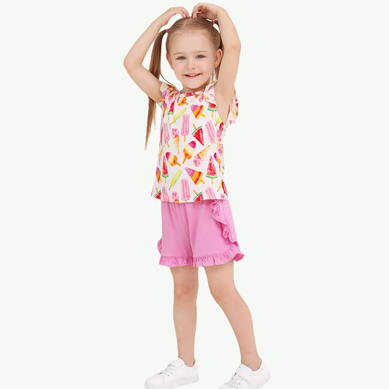 Wholesale Premium Toddler Girls Print Ruffle Sleeveless Short Pjs Vendor