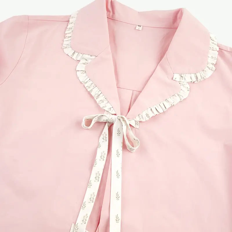 Summer Cute Ruffle Collar Tie Front Pajama Set Wholesale Vendors USA