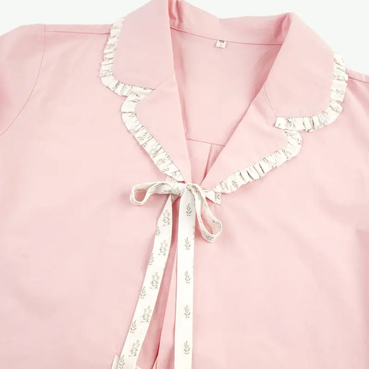 Summer Cute Ruffle Collar Tie Front Pajama Set Wholesale Vendors USA