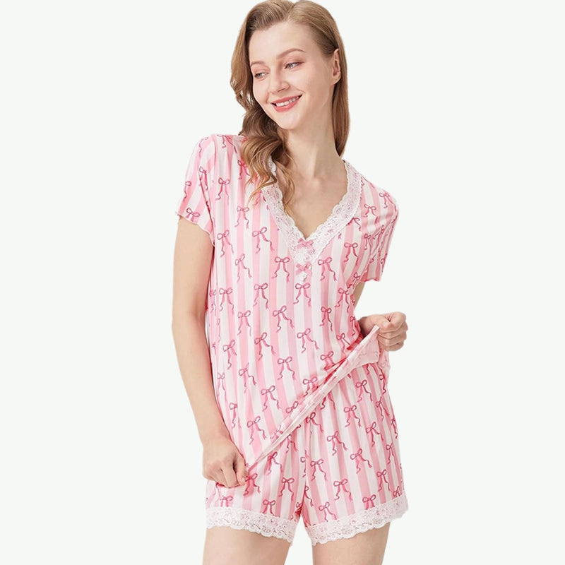 Bowknot Vertical Striped Lace Trim Short Sleepwear Wholesale Supplier