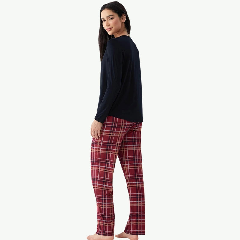 Womens Modal Loungewear Custom Plaid Sleepwear Set Wholesale