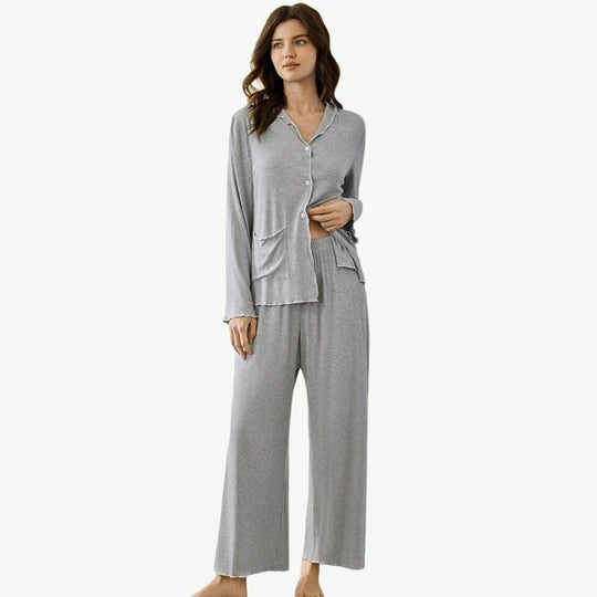 Premium Contrast Frill Ribbed Button-Down Pajama Set Bulk Womens Loungewear