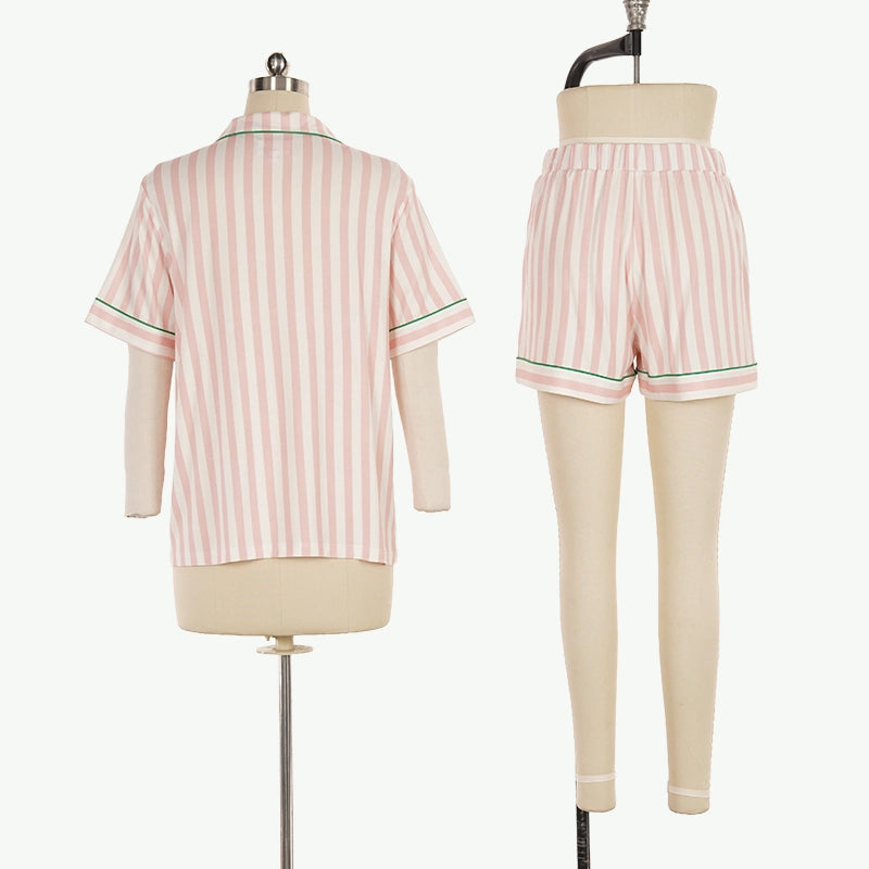Brandable Pink Striped Women Pajama Set Wholesale Button Down Sleepwear