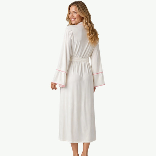 Bulk Personalized Soft Bamboo Ladies Bathrobes with Pink Crochet Trim Accent