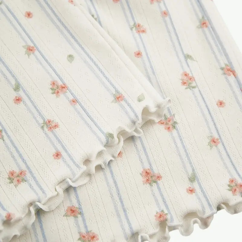 Women's Floral Pajama Set Wholesale Supplier - Long Sleeve & Lettuce Trim Shorts