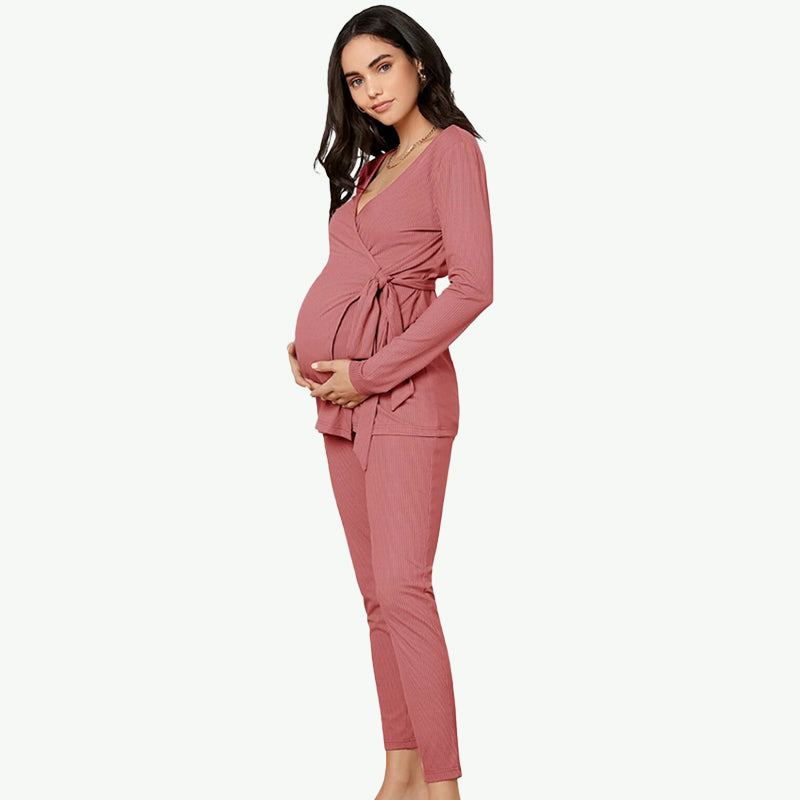 Rib-knit Wrap Front Nursing Top & Leggings Maternity Pajama Wholesale