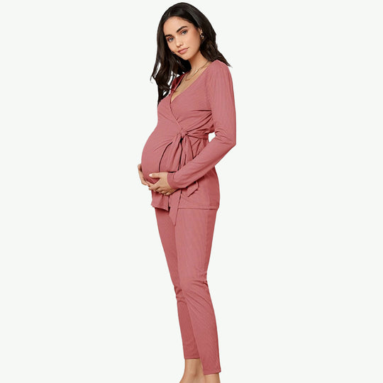 Rib-knit Wrap Front Nursing Top & Leggings Maternity Pajama Wholesale