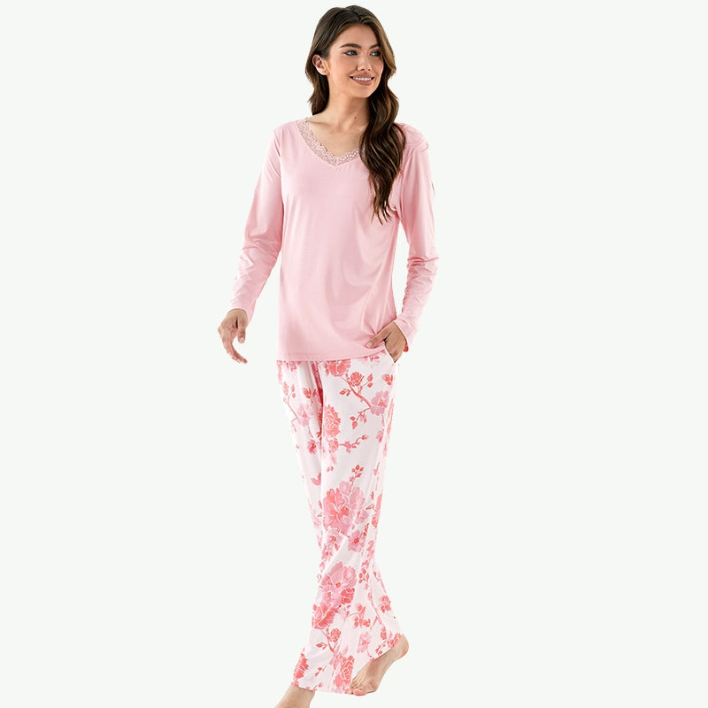 Bulk Lace V - Neck Tencel Modal  Pajamas Wholesale Floral Lounge Sets