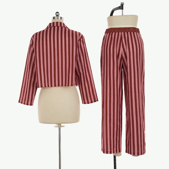 Wholesale Striped Women's Pajama Set, Custom Crop Top Wide Leg Sleepwear Supplier
