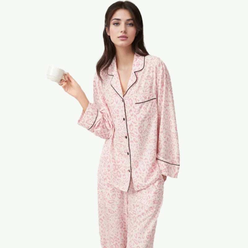Popular Pink Leopard Print Long sleeve +Trousers Women Custom Sleepwear Supplier