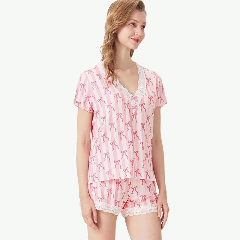 Bowknot Vertical Striped Lace Trim Short Sleepwear Wholesale Supplier