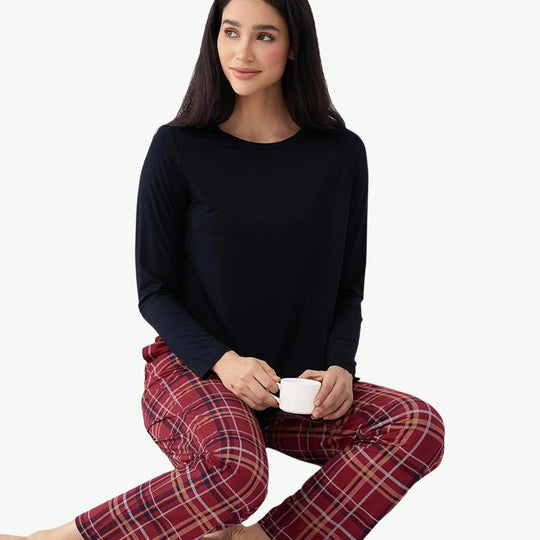 Womens Modal Loungewear Custom Plaid Sleepwear Set Wholesale