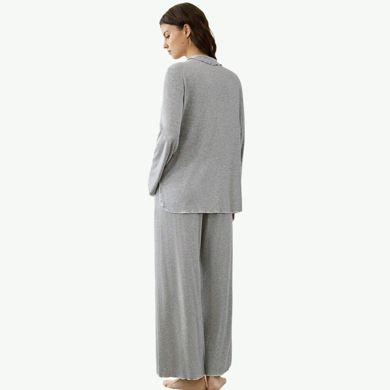 Premium Contrast Frill Ribbed Button-Down Pajama Set Bulk Womens Loungewear