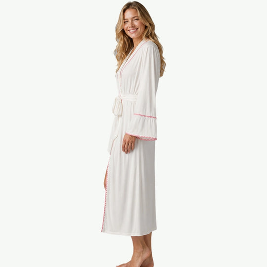 Bulk Personalized Soft Bamboo Ladies Bathrobes with Pink Crochet Trim Accent