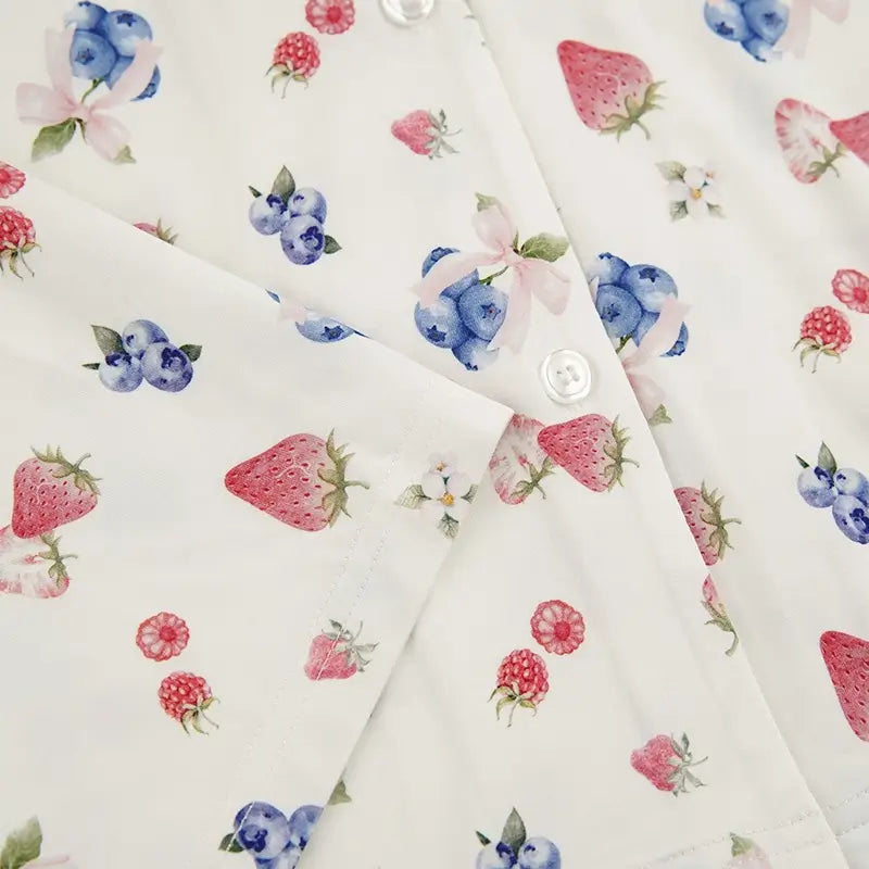 Private Label Cozy Sweet Fruit Print Long Sleeve Shirt & Trousers Pyjama Set Wholesale