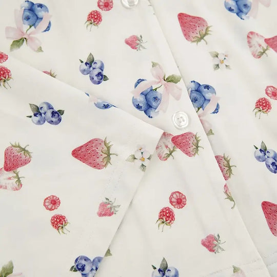 Private Label Cozy Sweet Fruit Print Long Sleeve Shirt & Trousers Pyjama Set Wholesale