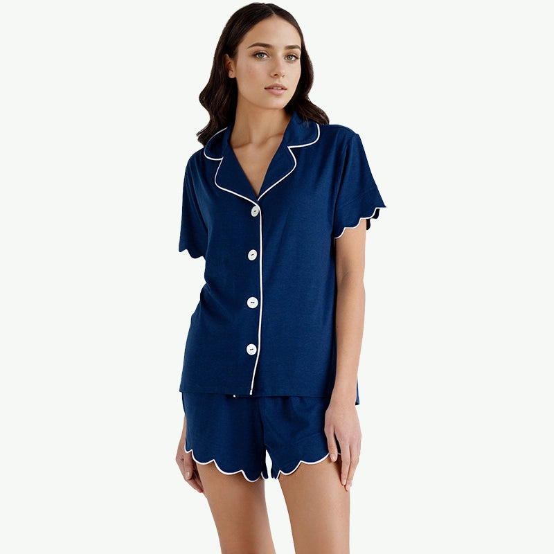 Manufacturers Custom Modal Sleepwear Shorts Set With Scalloped Trim