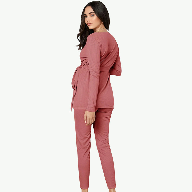 Rib-knit Wrap Front Nursing Top & Leggings Maternity Pajama Wholesale