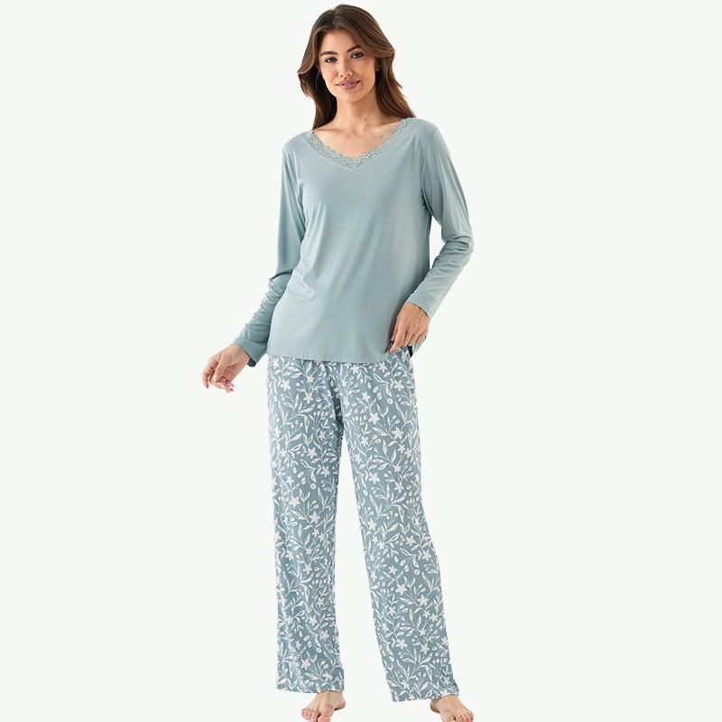 Bulk Lace V - Neck Tencel Modal  Pajamas Wholesale Floral Lounge Sets