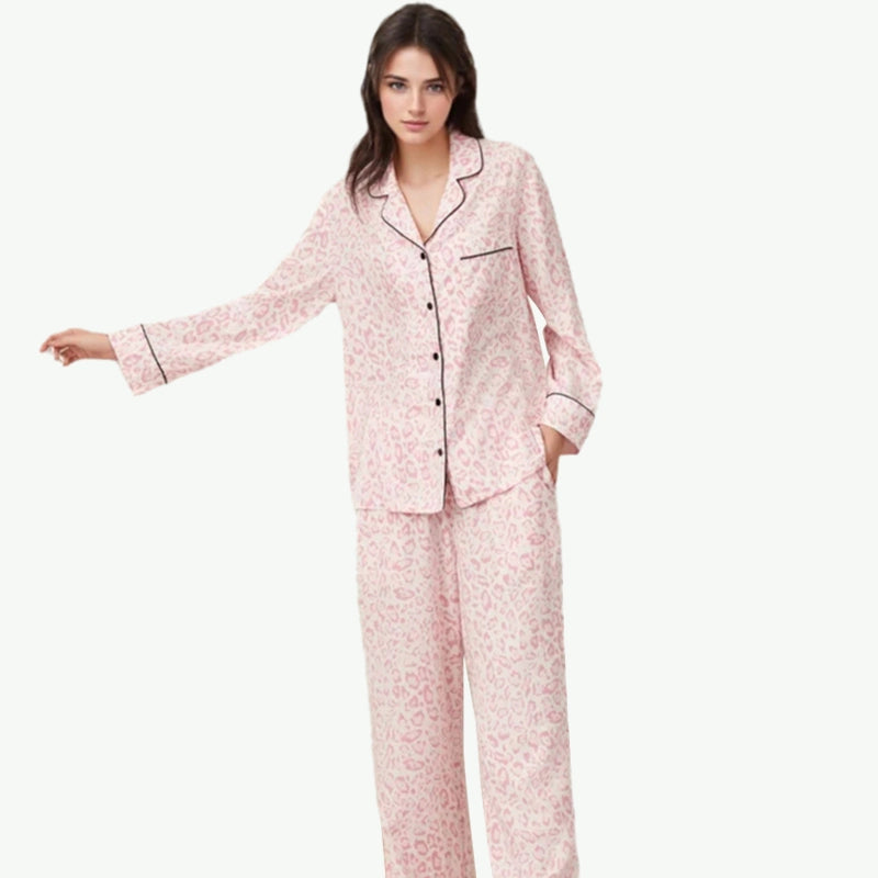 Popular Pink Leopard Print Long sleeve +Trousers Women Custom Sleepwear Supplier
