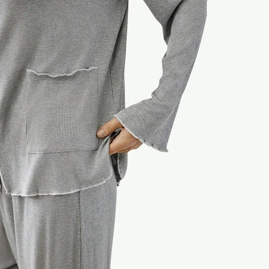 Premium Contrast Frill Ribbed Button-Down Pajama Set Bulk Womens Loungewear