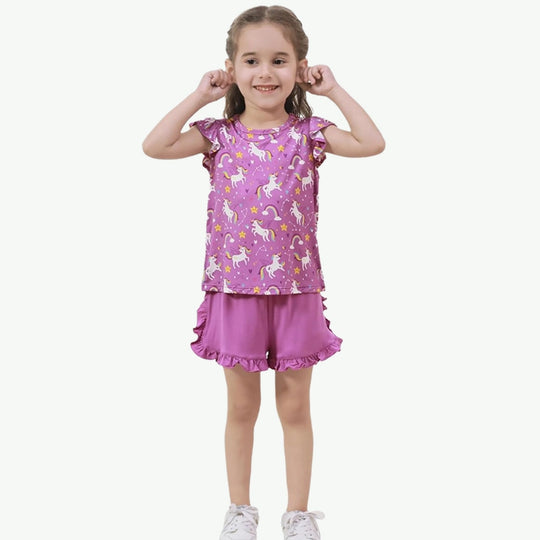 Wholesale Premium Toddler Girls Print Ruffle Sleeveless Short Pjs Vendor
