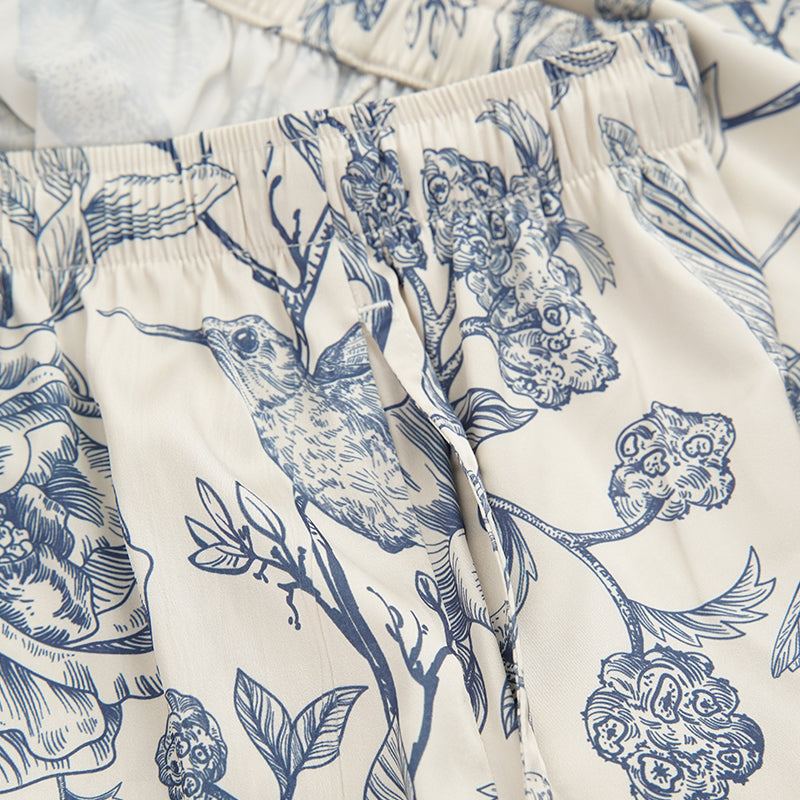 Vintage Bird & Floral Print Pjs Wholesale Scalloped Trim Sleepwear