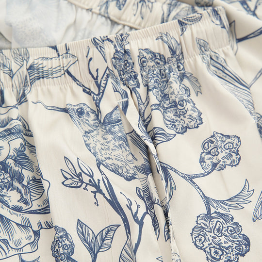 Vintage Bird & Floral Print Pjs Wholesale Scalloped Trim Sleepwear