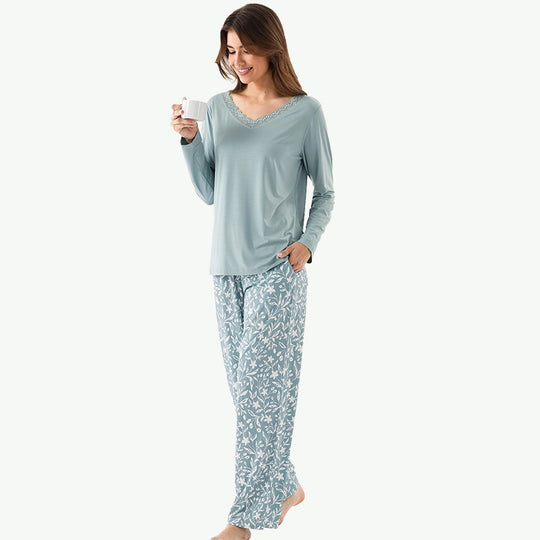 Bulk Lace V - Neck Tencel Modal  Pajamas Wholesale Floral Lounge Sets