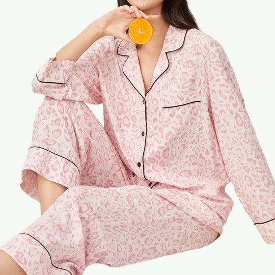 Popular Pink Leopard Print Long sleeve +Trousers Women Custom Sleepwear Supplier