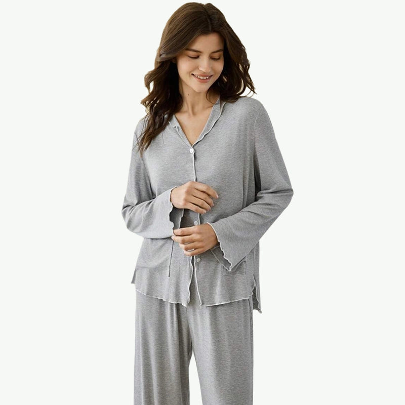 Premium Contrast Frill Ribbed Button-Down Pajama Set Bulk Womens Loungewear