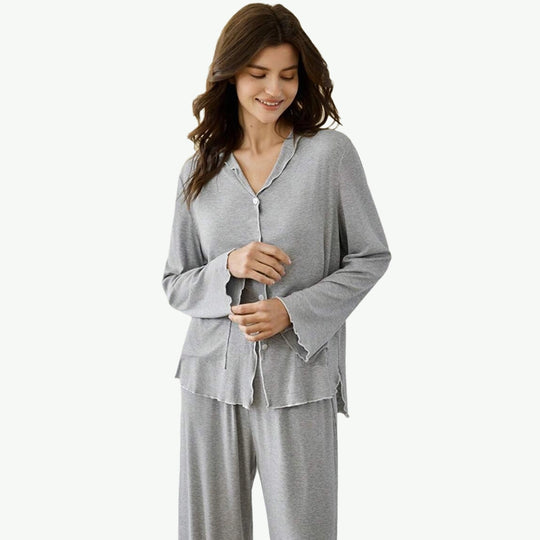 Premium Contrast Frill Ribbed Button-Down Pajama Set Bulk Womens Loungewear