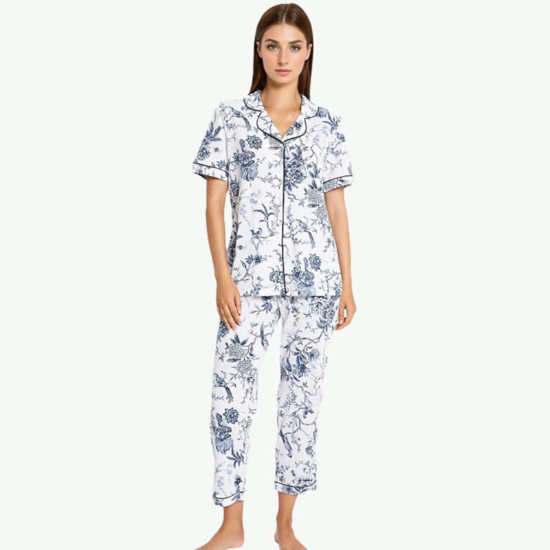 Vintage Bird & Floral Print Pjs Wholesale Scalloped Trim Sleepwear
