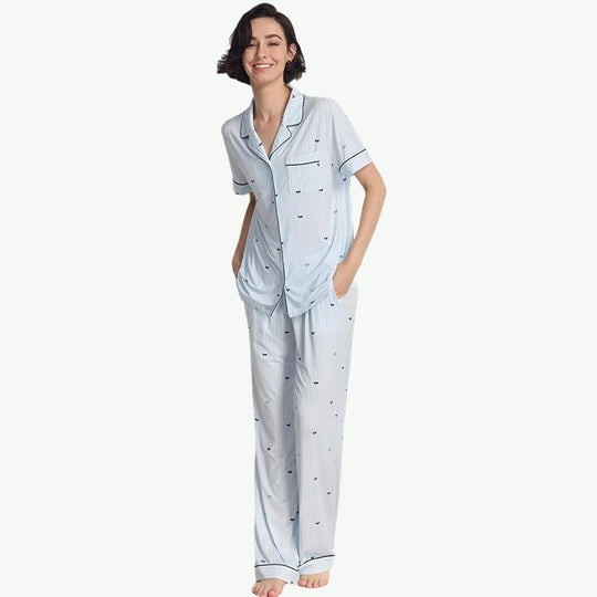 OEM Womens Bow Printed Pajamas Set Bulk Striped Sleepwear