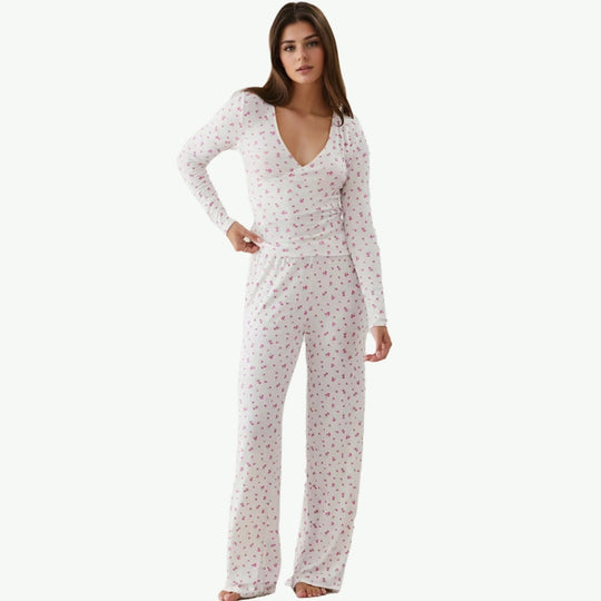 Premium Women's V-Neck Pajama Set Bulk-  Transfer Stitch Jacquard Loungewear