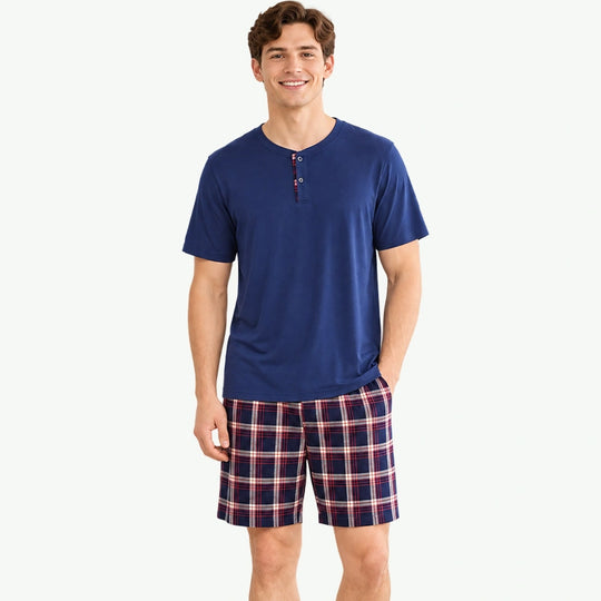 Bulk Summer Pjs Mens Bamboo Tee and Cotton Plaid Shorts