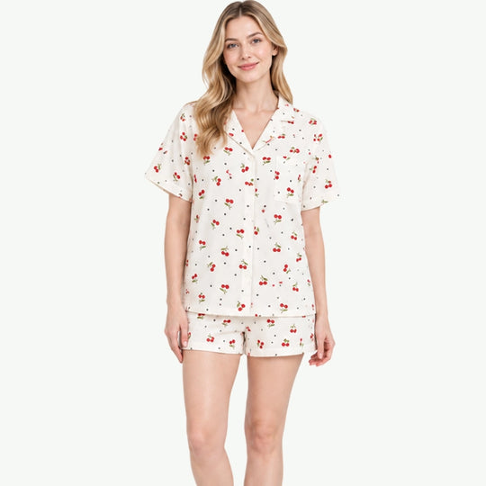Summer Cherry Print Short Cotton Gauze Pajamas Wholesale Suppliers