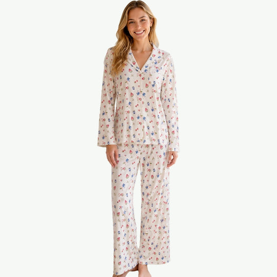Private Label Cozy Sweet Fruit Print Long Sleeve Shirt & Trousers Pyjama Set Wholesale