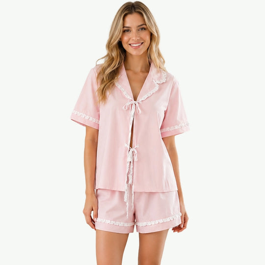 Summer Cute Ruffle Collar Tie Front Pajama Set Wholesale Vendors USA