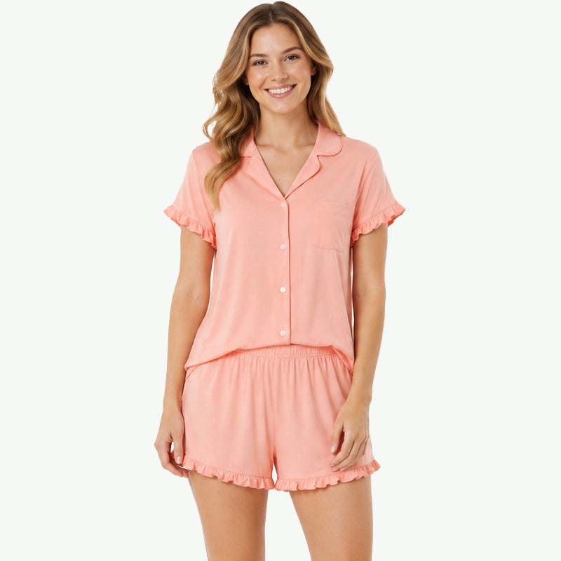 Custom Solid Ruffled Cotton Pajama Sets in Bulk