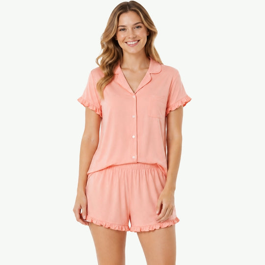 Custom Solid Ruffled Cotton Pajama Sets in Bulk