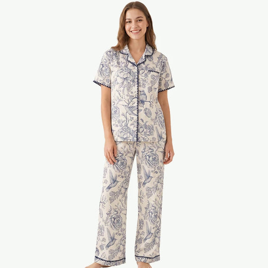 Vintage Bird & Floral Print Pjs Wholesale Scalloped Trim Sleepwear