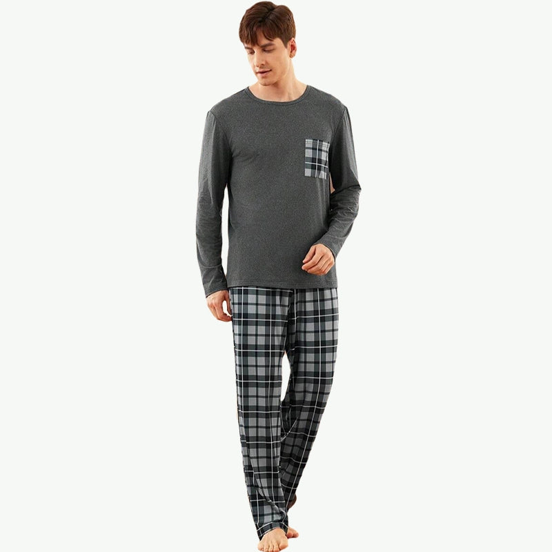 Men Most Popular Loungewear Gingham Print Pocket PJ Set Wholesale