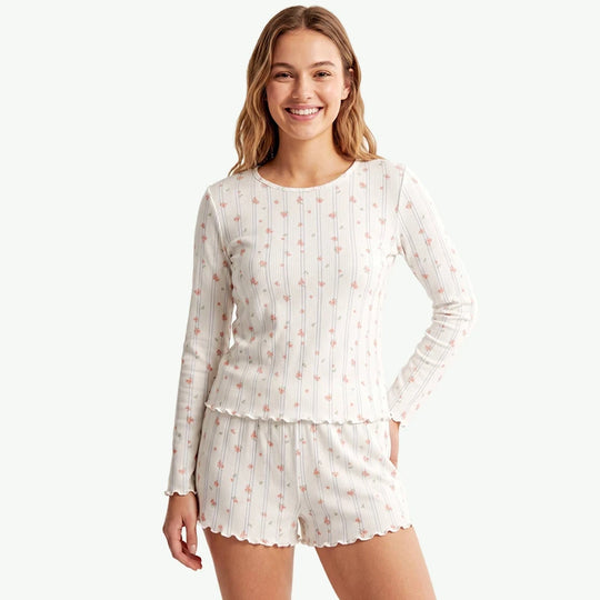 Women's Floral Pajama Set Wholesale Supplier - Long Sleeve & Lettuce Trim Shorts