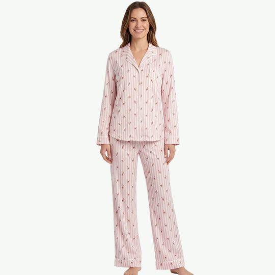 Pink Striped Custom Floral Print Women Pajama Sets Wholesale Vendors