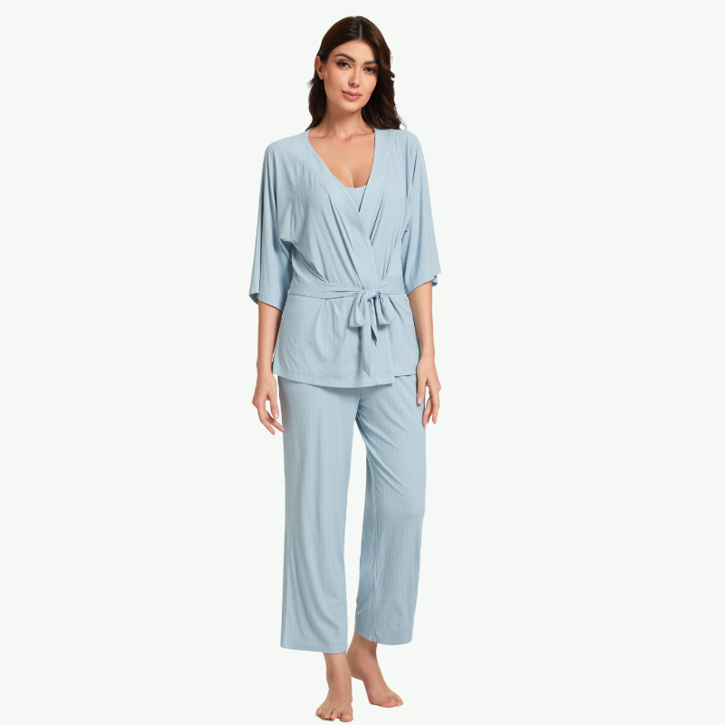 ladies dressing gown sets Bulk Women Robe Pant Set-2311820086 – Saright Garment -Custom Sleepwear Loungewear Manufacturer SS26 ONS Di1