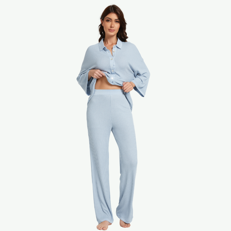 Custom Wholesale Women Waffle Pajama Set-2311740090
